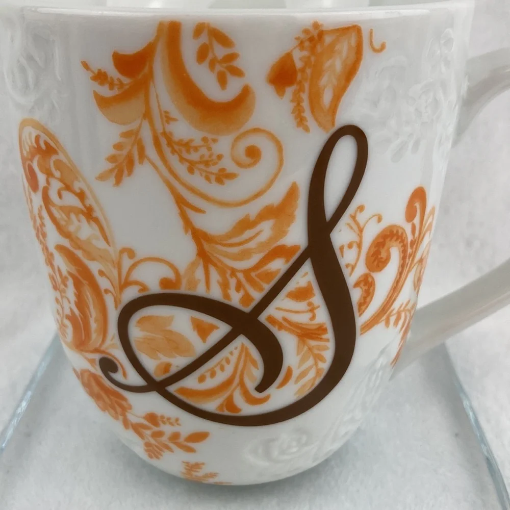 Pier 1 Ava Monogram Letter S 3D Scrollwork Porcelain Coffee Mug